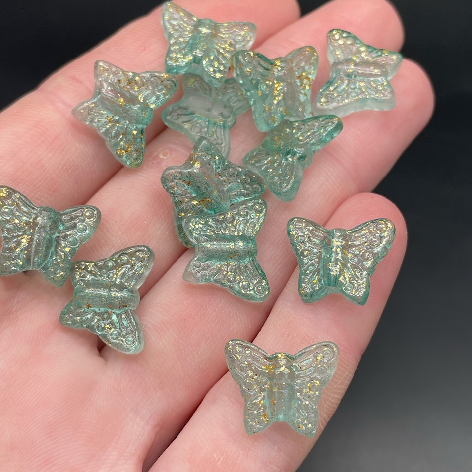 12*15 мм, Бусина Бабочка зеленая с желтым преливом