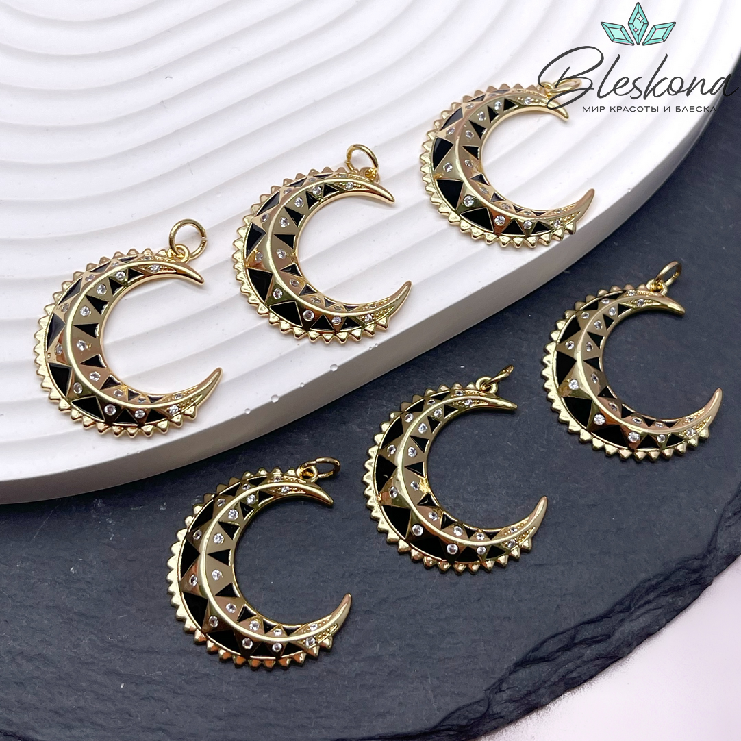 24*21 мм Цвет золото, Подвеска полумесяц с цирконами черная эмаль