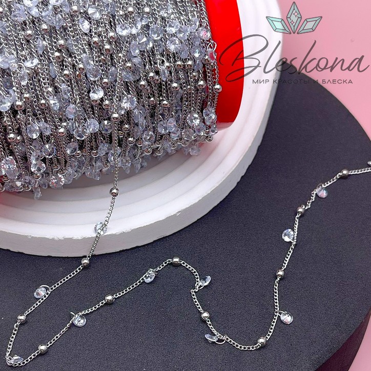 Цепь №205 цвет серебро 2*1 мм шарик/циркон