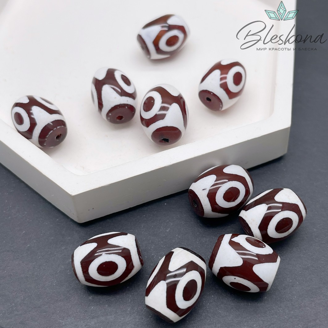 Бусина Дзи 3 глаза бело-коричневый бочонок 16*12 мм