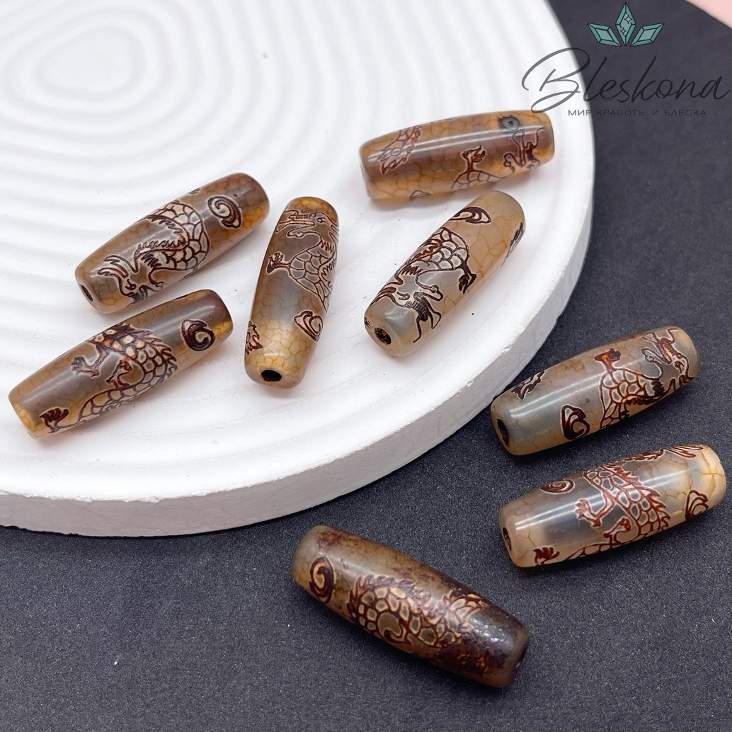 Бусина Дзи Дракон серо-коричневый бочонок №1 30*11 мм