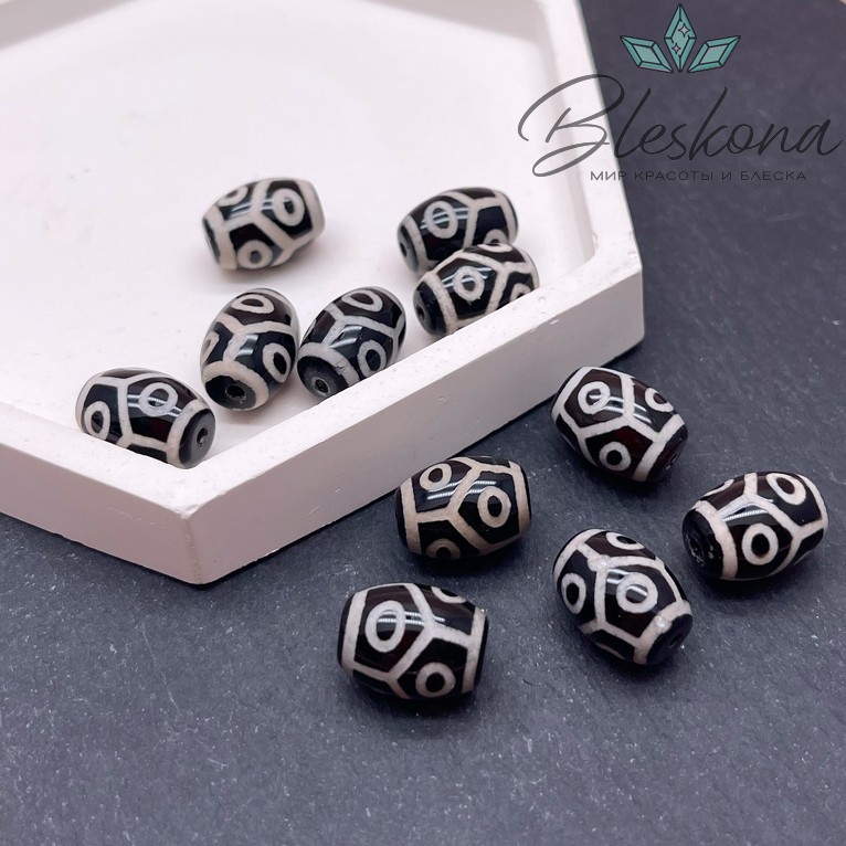 Бусина Дзи 6 глаз Черепаха черно-белый бочонок  10*14 мм