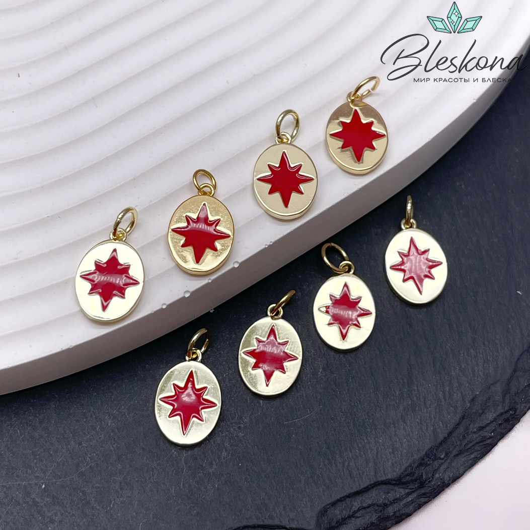 13,8*9,2 мм,Цвет золото, Подвеска овал северная звезда красная эмаль