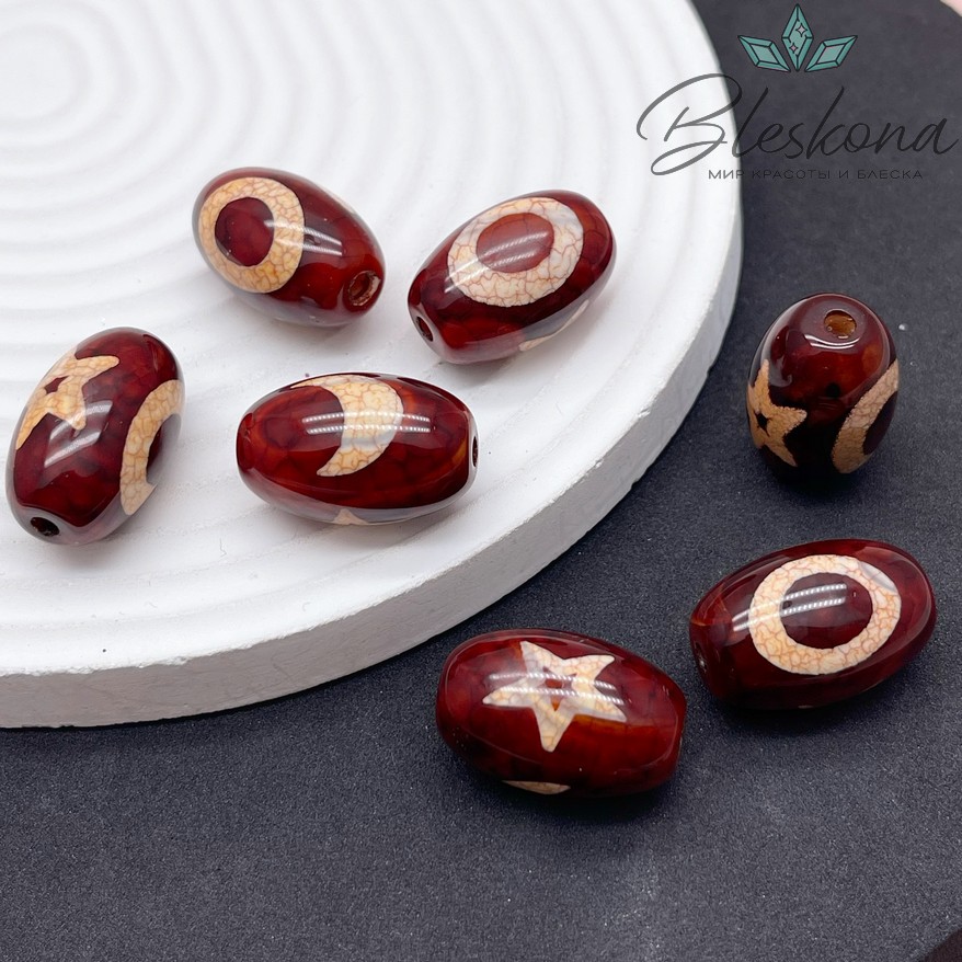 Бусина Дзи Вселенная (Небо,Звезда и Луна) бордовый бочонок 22*14 мм