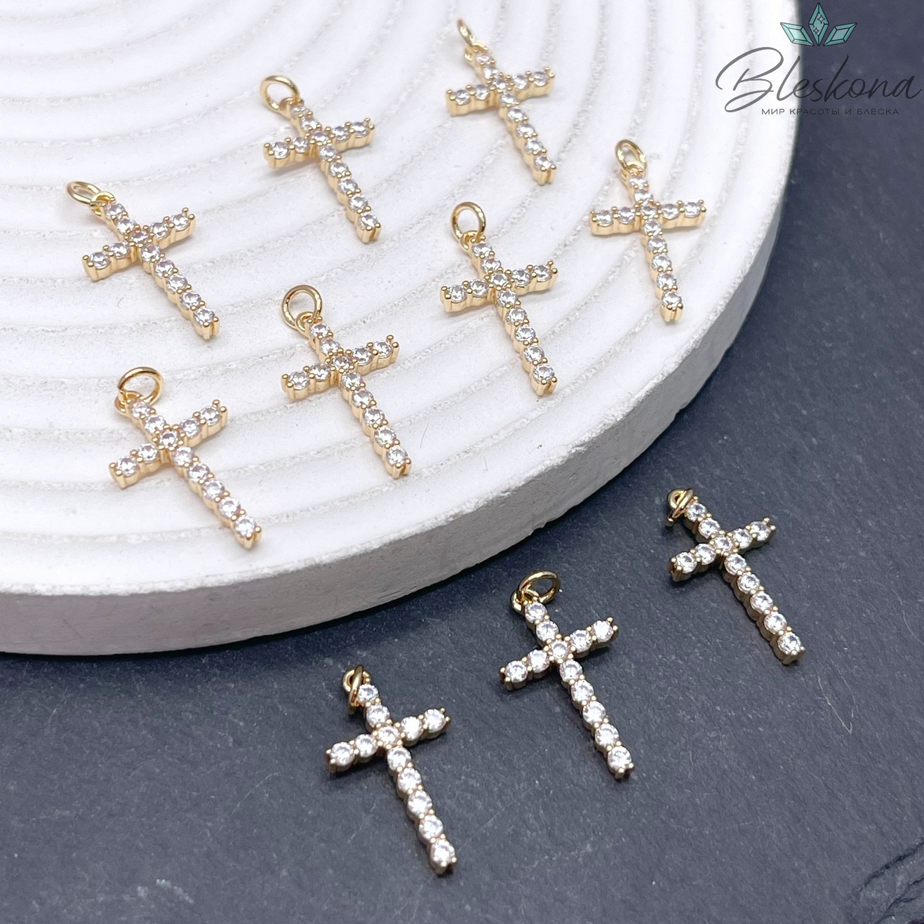 18,5*10,5 мм Цвет золото, Подвеска крест белые цирконы 