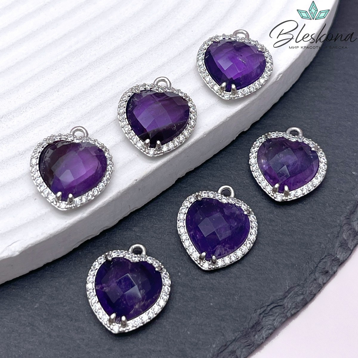 16*18мм ,цвет серебро, Подвеска Сердце в обрамлении Аметист огранка цирконы