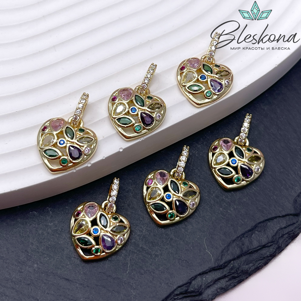 14,7*14 мм Цвет золото, Подвеска сердце цирконы микс с бэйлом