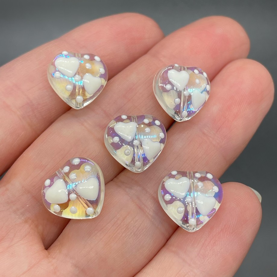 12 мм, Стекло бусина сердце с белыми сердечками  уп.5 шт