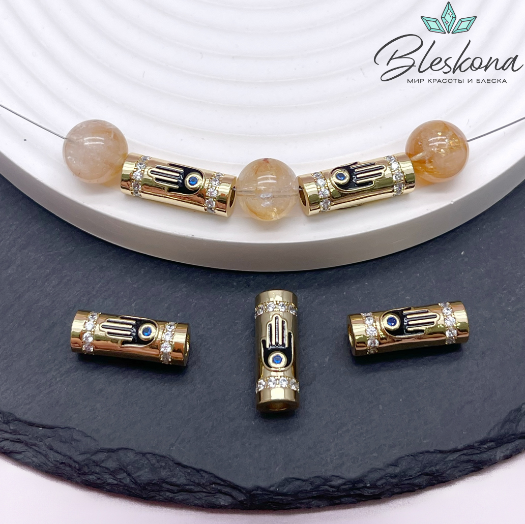 18*7 мм Цвет золото, Бусина цилиндр рука Фатимы цирконы черная эмаль 