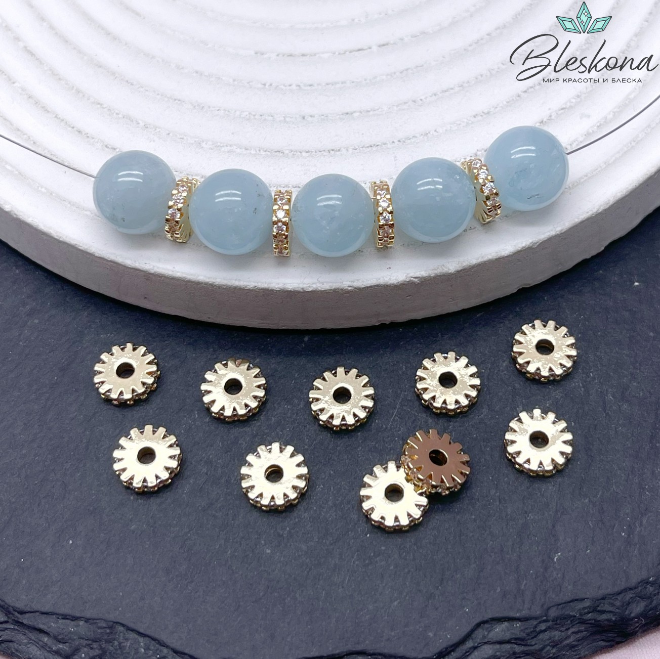 8*2 мм Цвет золото, Бусина-разделитель с цирконами 