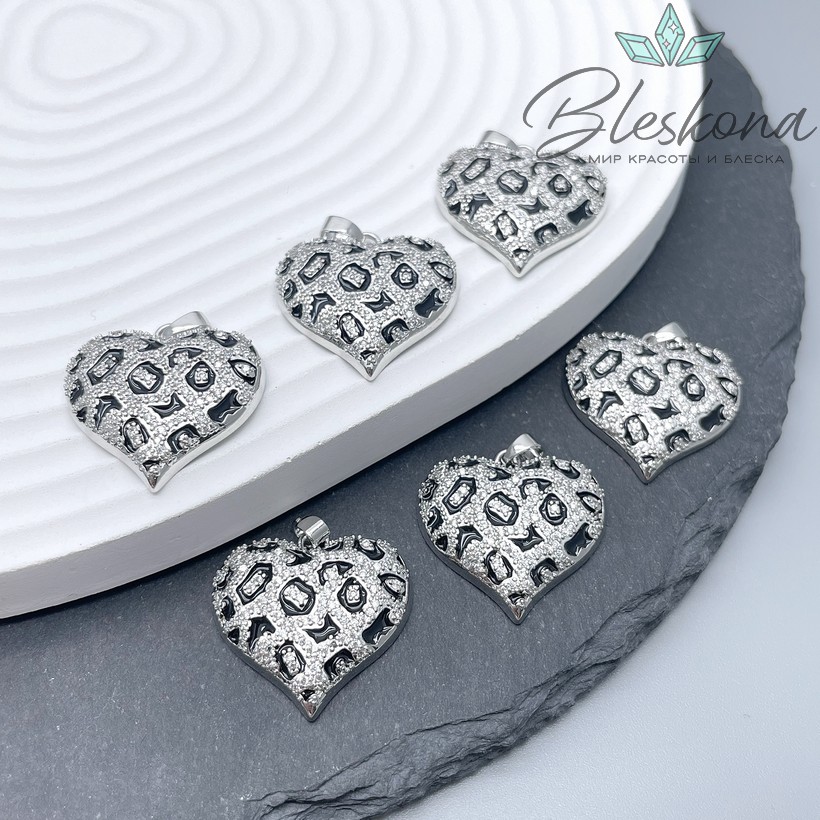 22,5*23 мм Цвет серебро, Подвеска сердце большое с цирконами и эмалью 