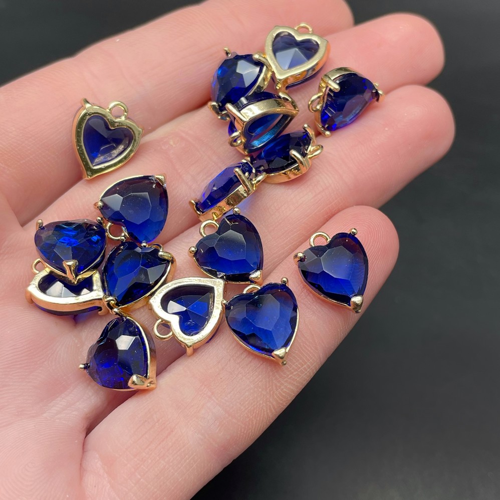 10 мм, Цвет золото, Подвеска сердце стекло синее цапы