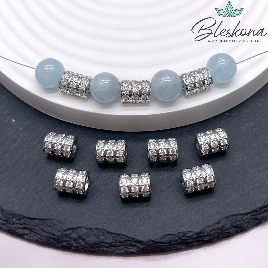 9,5*7,5 мм Цвет серебро, Бусина цирконы 3 ряда