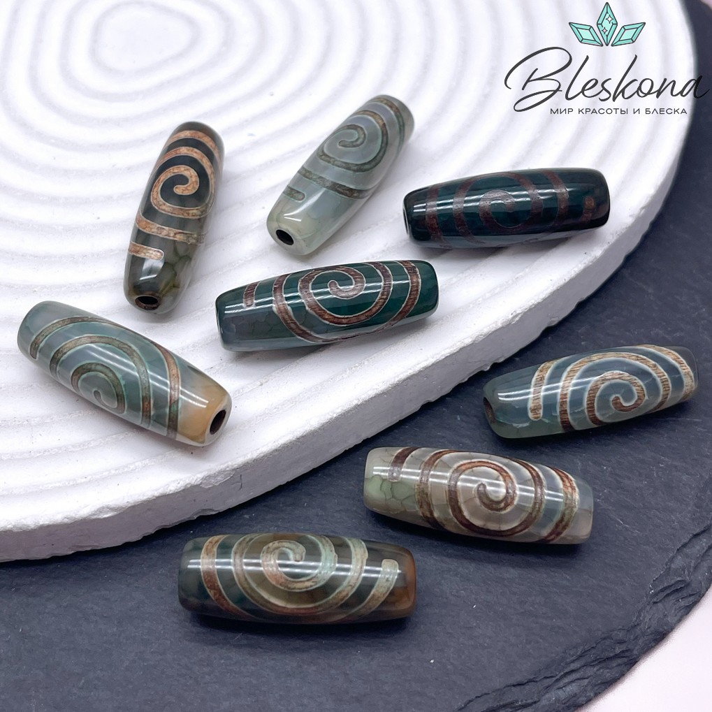 Бусина Дзи Спираль Вселенной зелено-коричневый бочонок 30*11мм