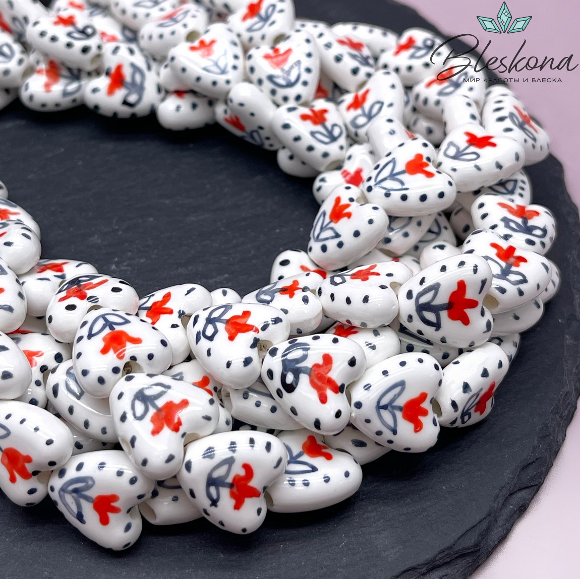 14,5 мм Бусина сердце, керамика цвет белый красный тюльпан