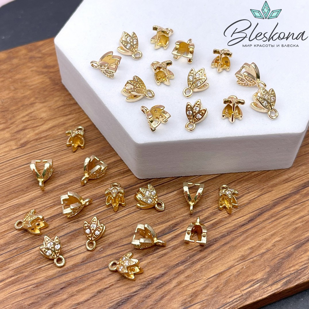 9,5*5,7 мм Цвет золото, Бейл Зажимной 3 листа цирконы
