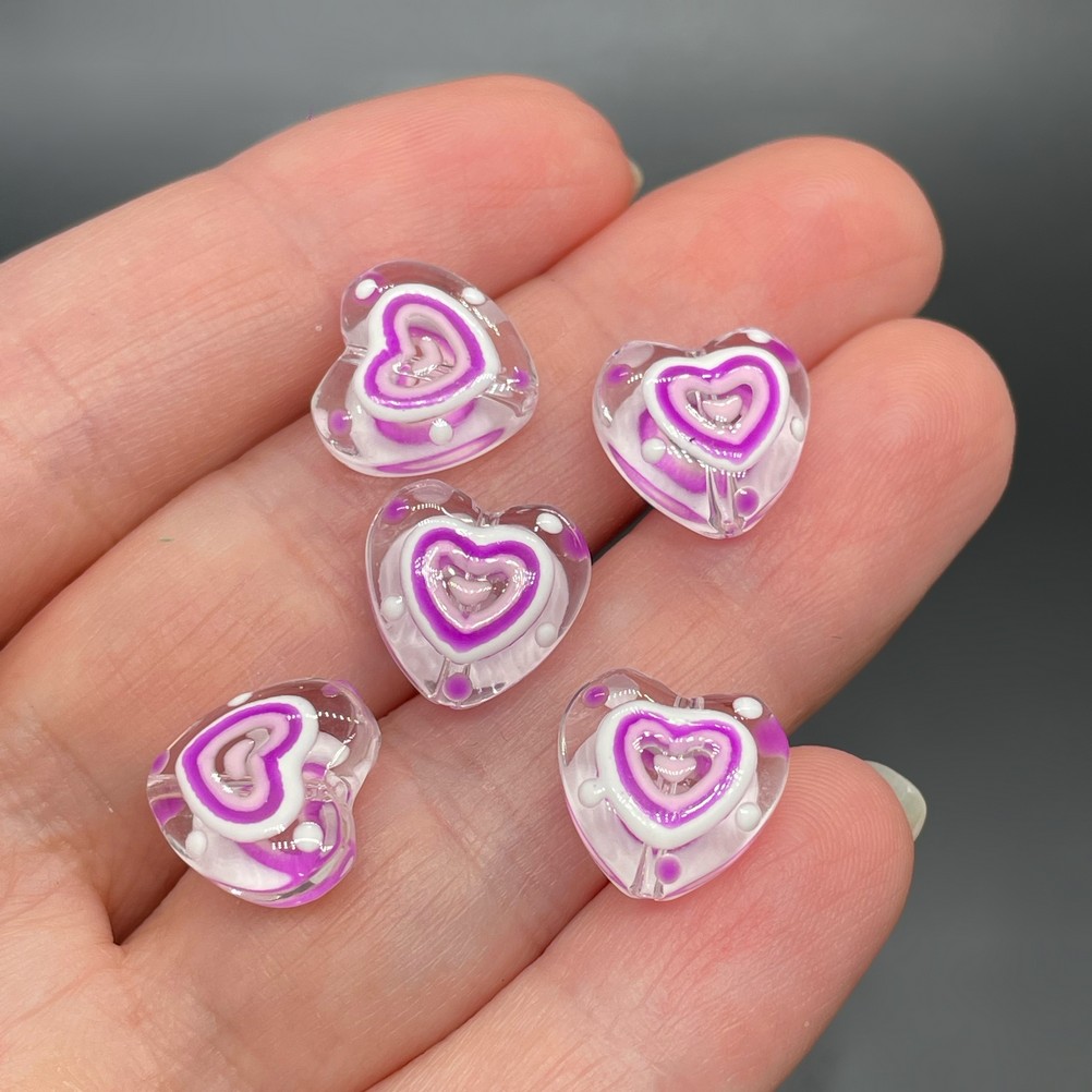 13,5 мм, Стекло бусина сердце фиолетовое уп.5 шт