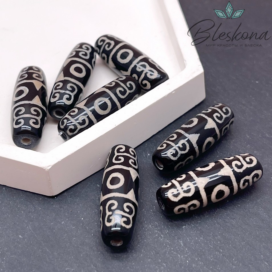 Бусина Дзи 3 глаза Вены Дракона бело-черный бочонок 30*11 мм