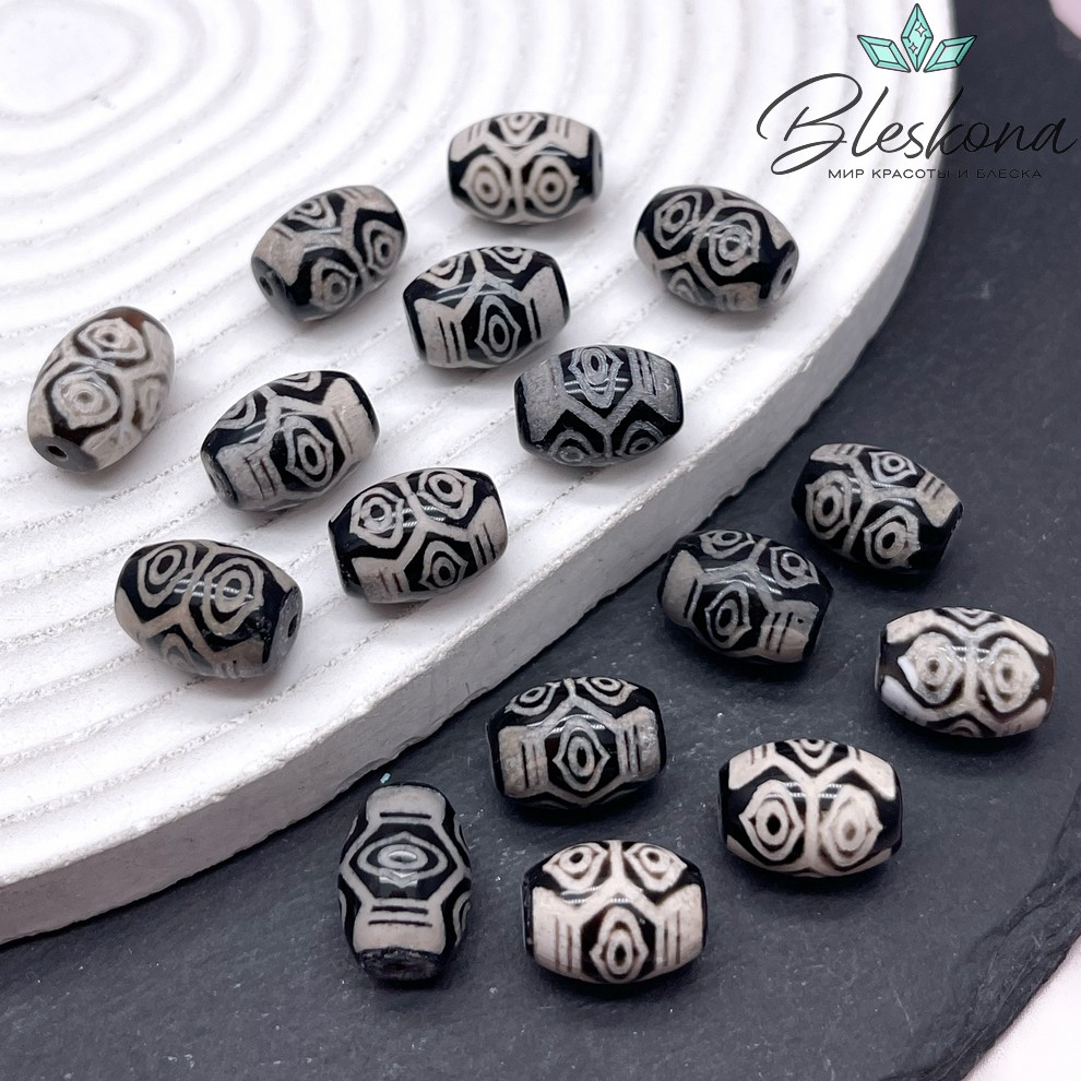 Бусина Дзи 6 глаз Феникса черно-белый бочонок 10*14 мм