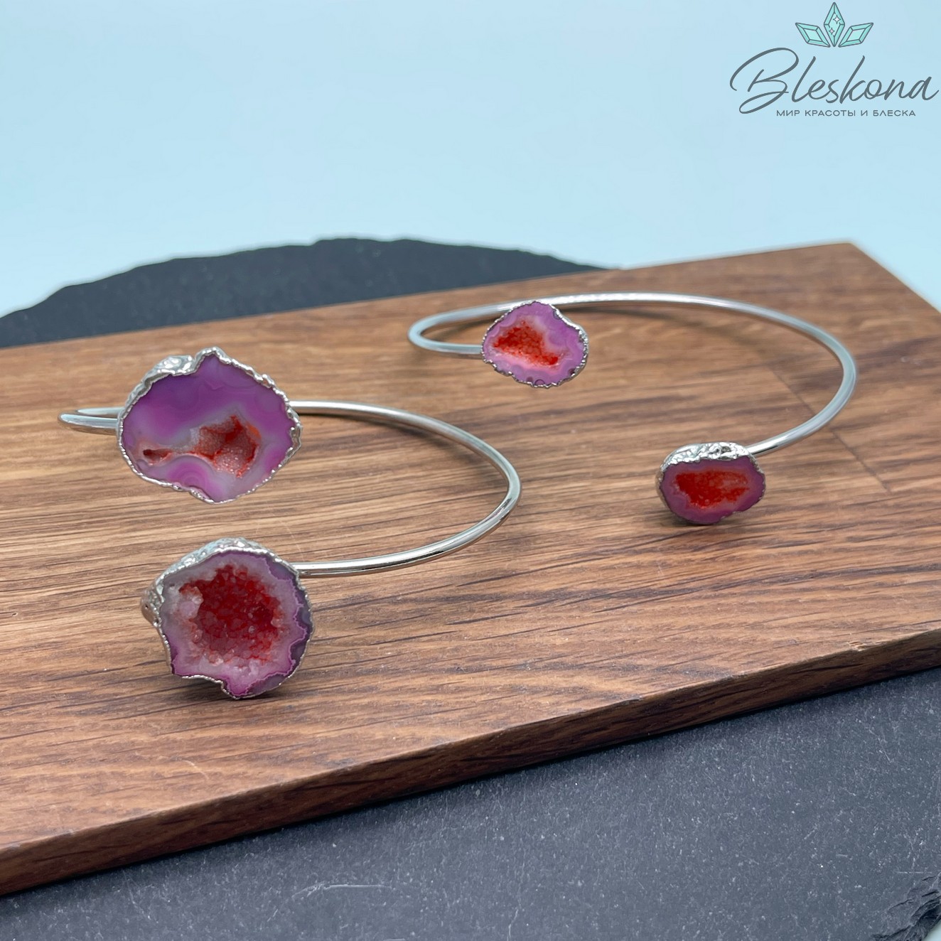 Браслет безразмерный Друзы Агата розовый 65 мм