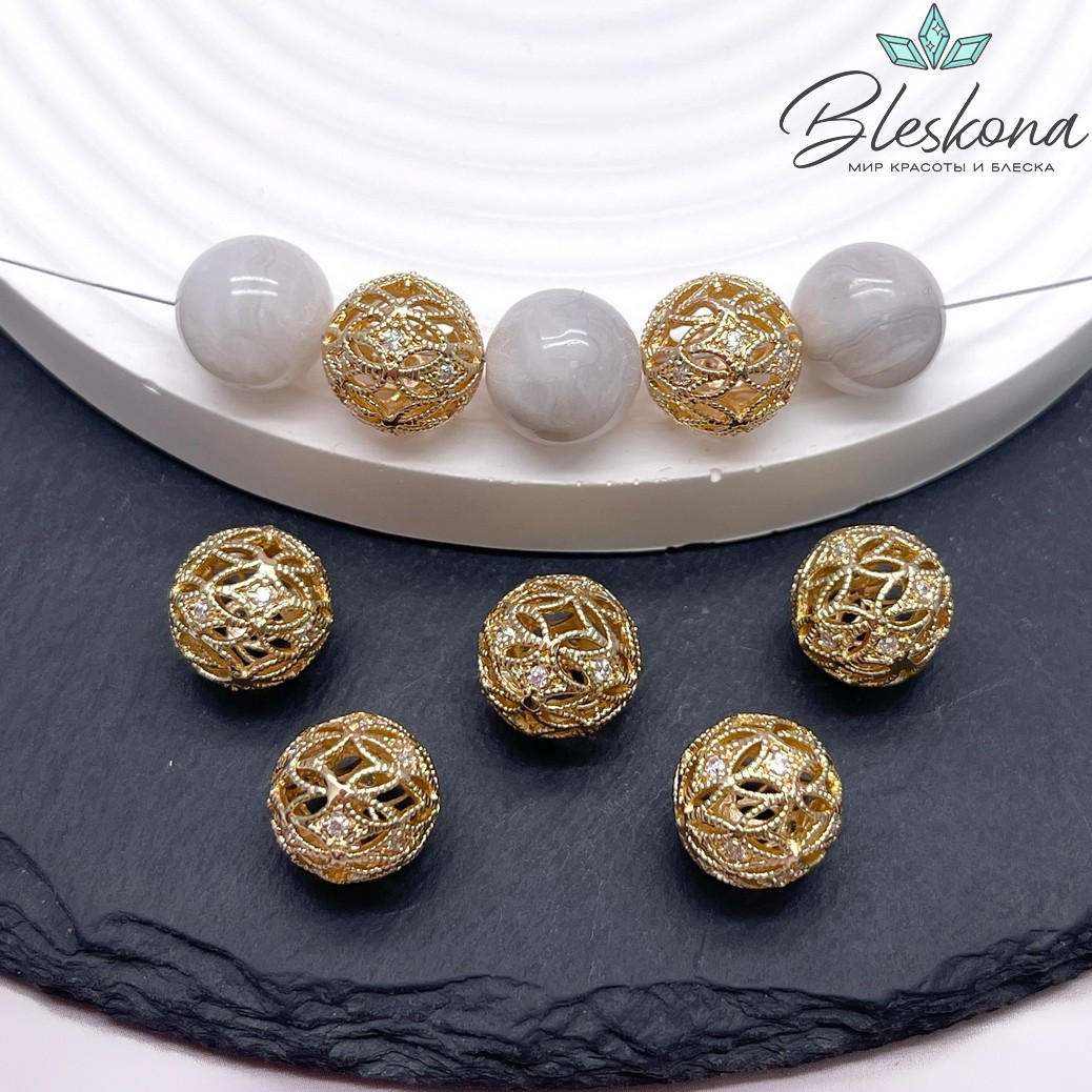 12,5 мм Цвет золото, Бусина шар ромбики цирконы