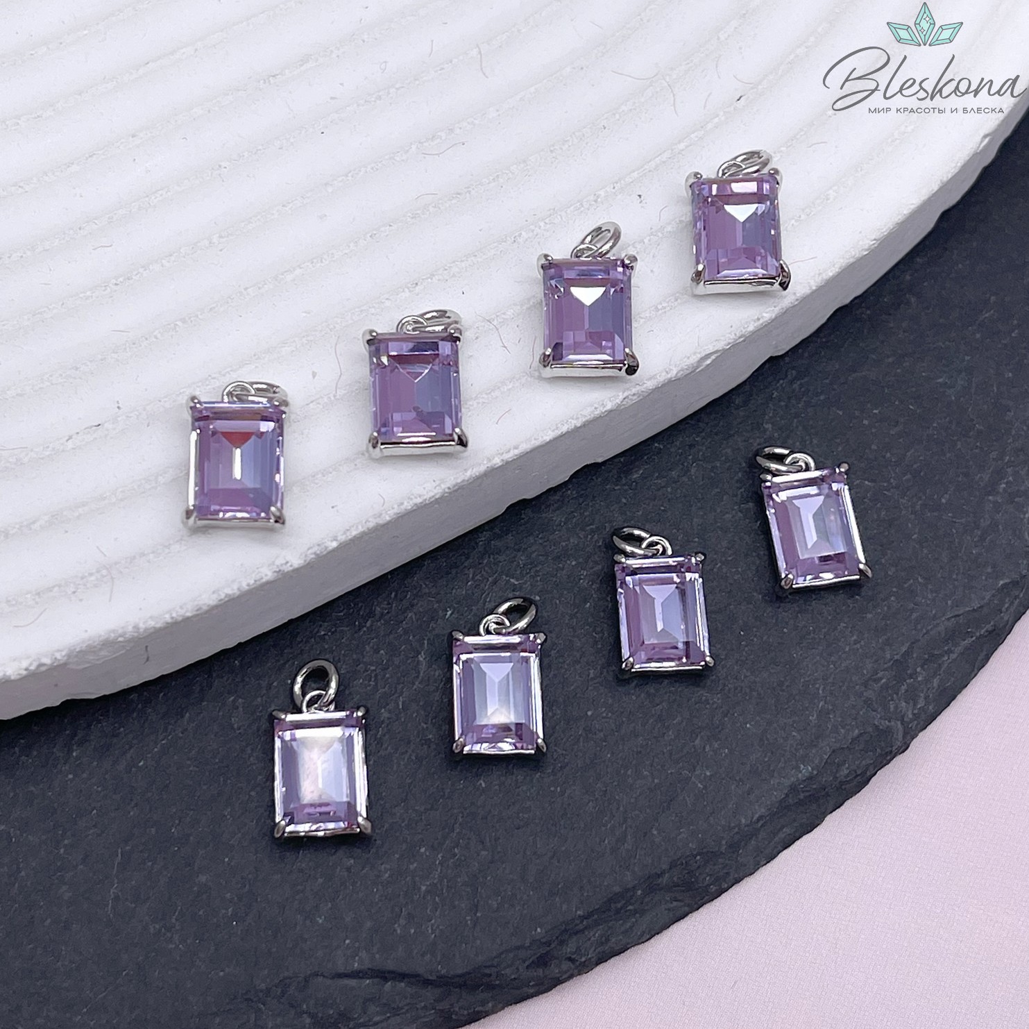 8*5 мм, Цвет серебро, Подвеска прямоугольник фиолетовый циркон