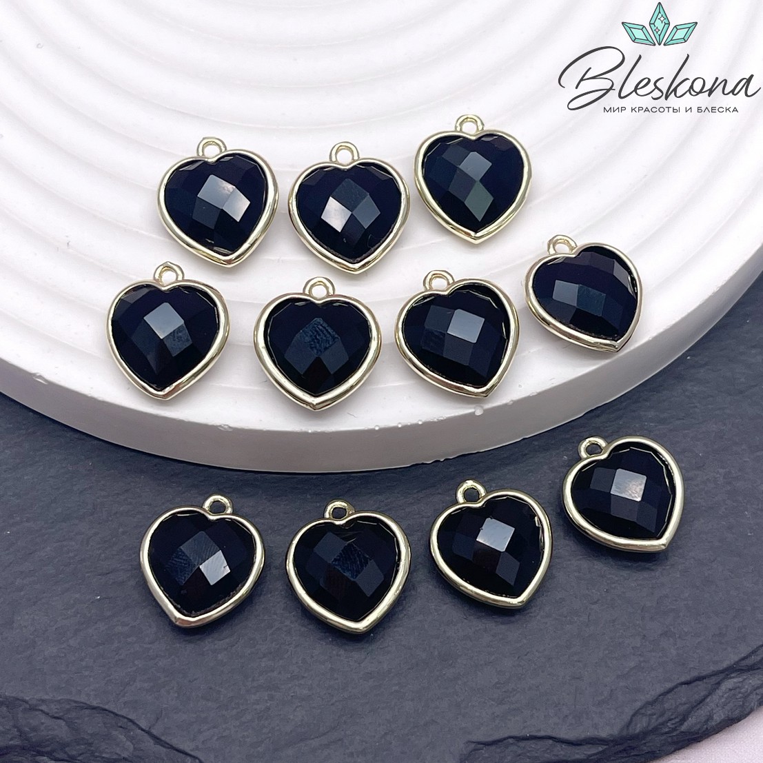 13*15мм,Цвет золото ,Подвеска Сердце агат черный огранка