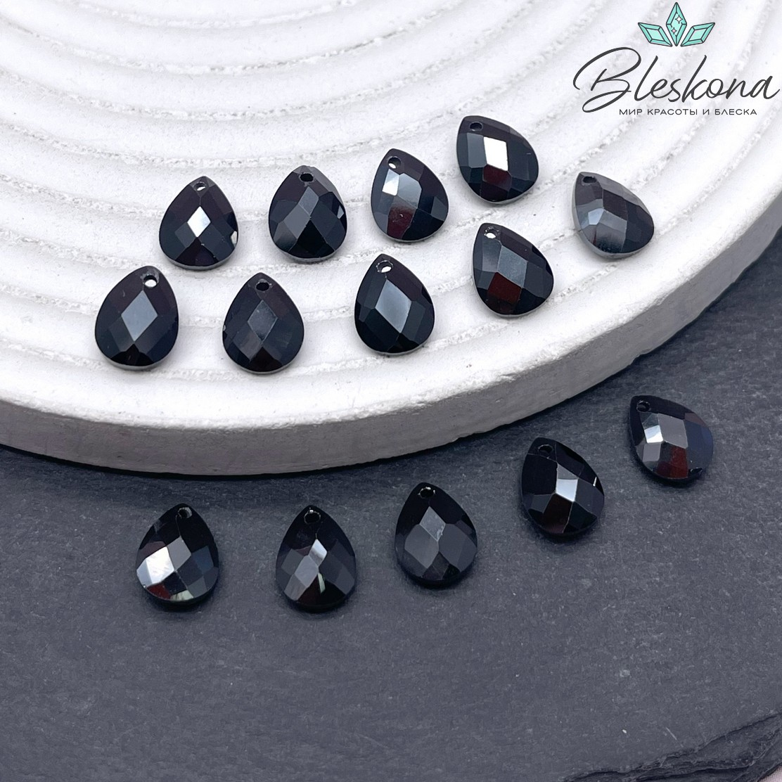 9*6 мм, Подвеска Циркон капля черная (кубический цирконий, фианит) 