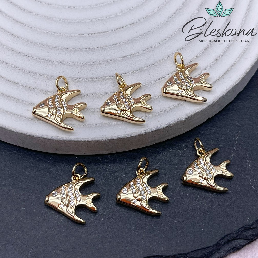 14*15 мм Цвет золото, Подвеска рыбка цирконы