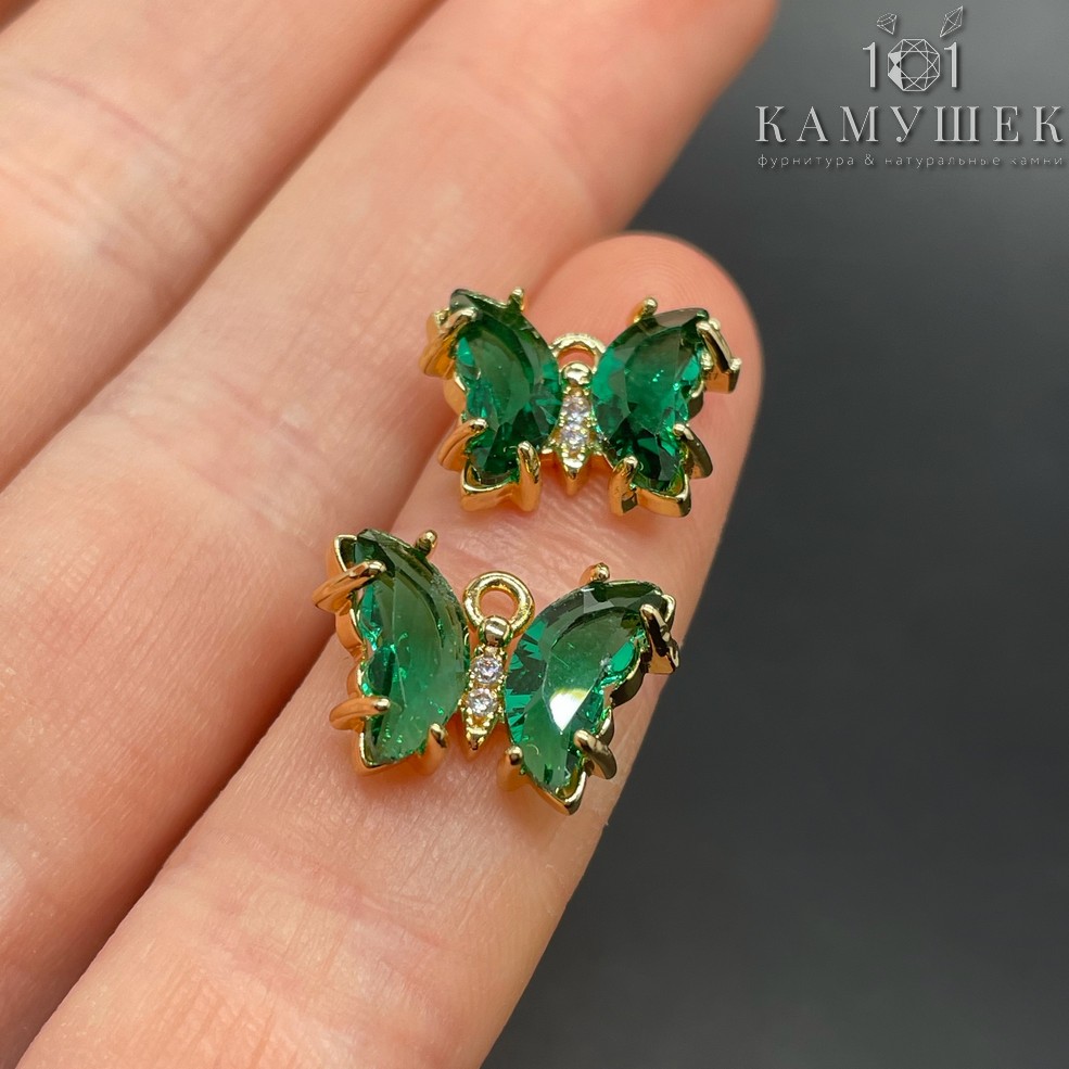 10*15,8мм, Цвет золото, Подвеска Бабочка зеленое стекло