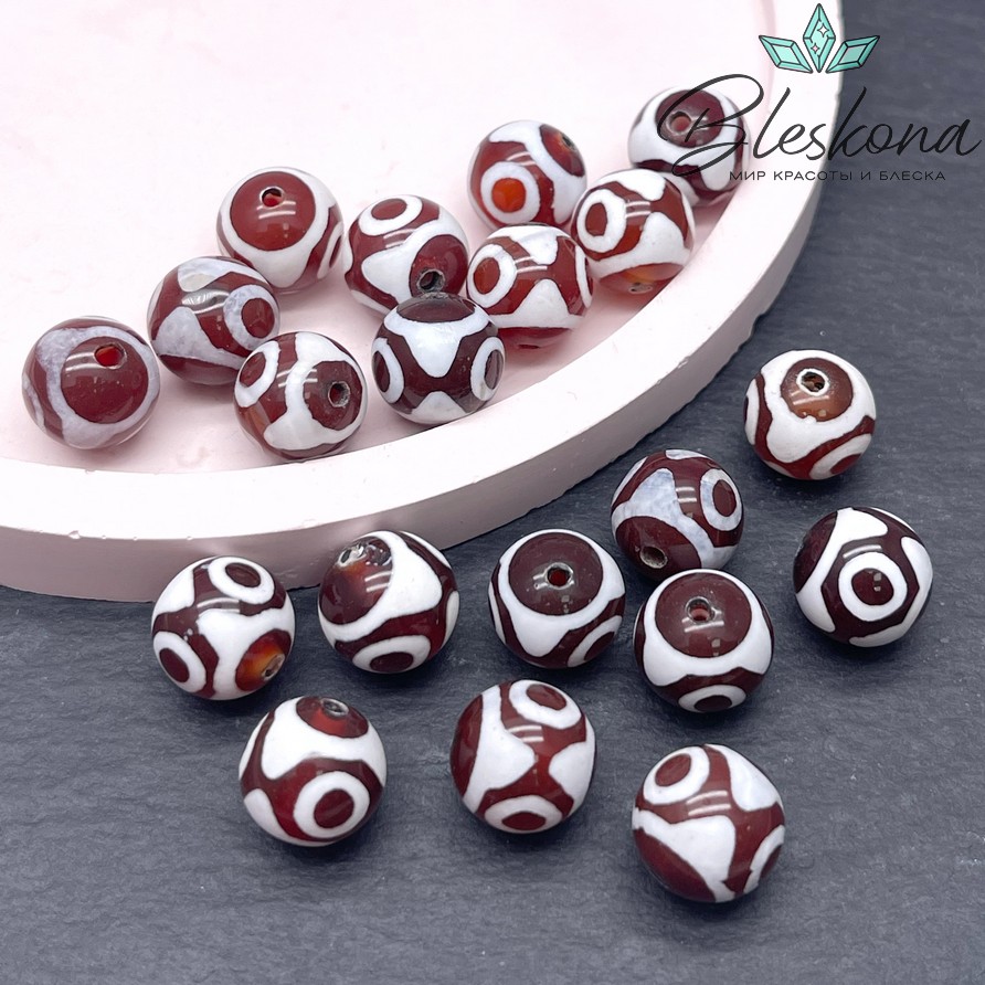 Бусина Дзи 3 глаза бело-коричневый шар 10 мм уп.10 шт.