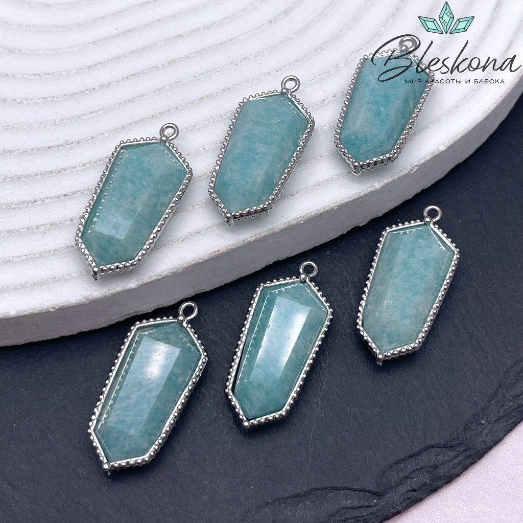 13,5*30мм, цвет серебро ,Подвеска Шестиугольник Амазонит в обрамлении цирконы