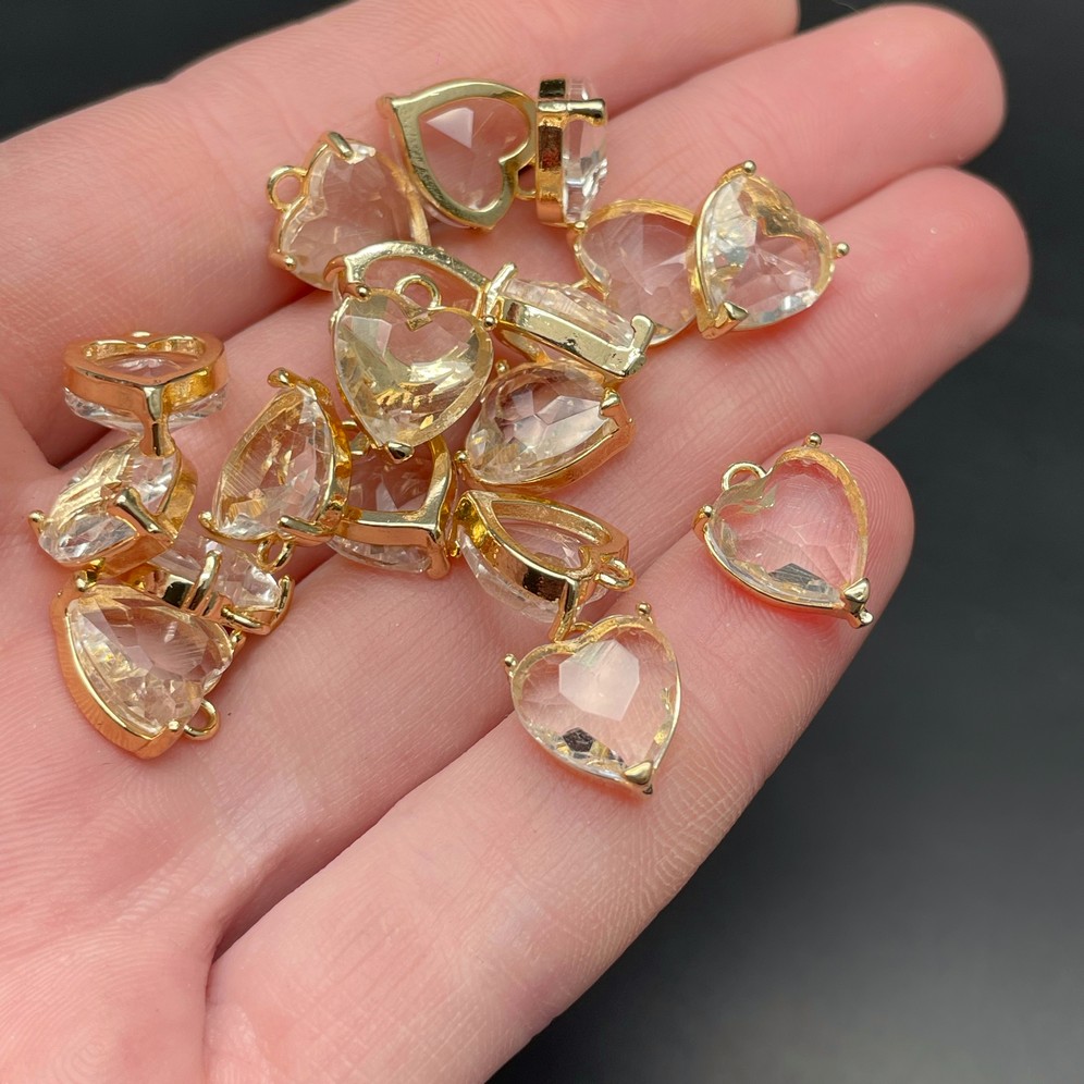 12 мм, Цвет золото, Подвеска сердце стекло прозрачное цапы