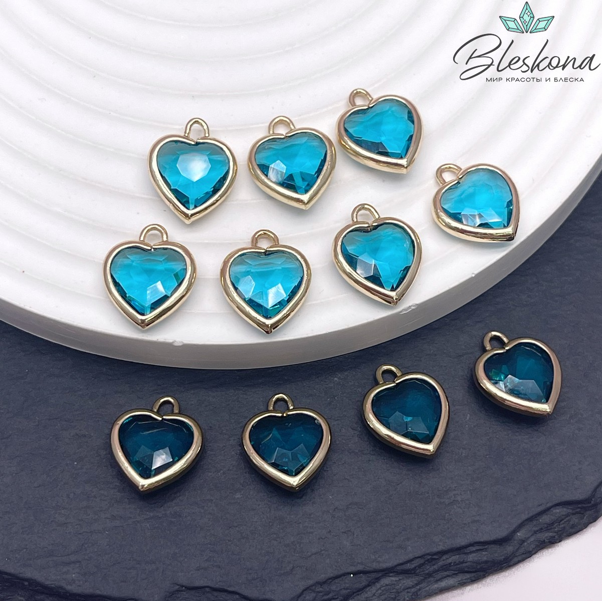 12 мм, Цвет золото, Подвеска сердце стекло бирюзовое
