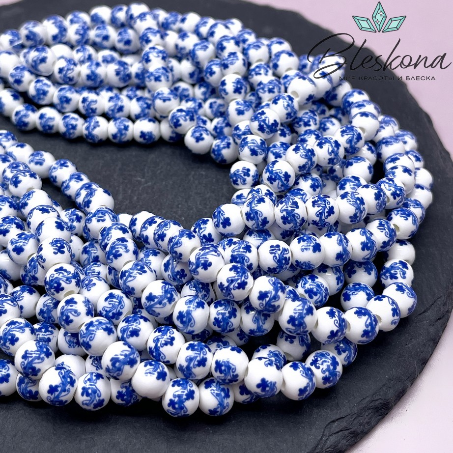 8 мм Керамика Бусина роспись гжель №1