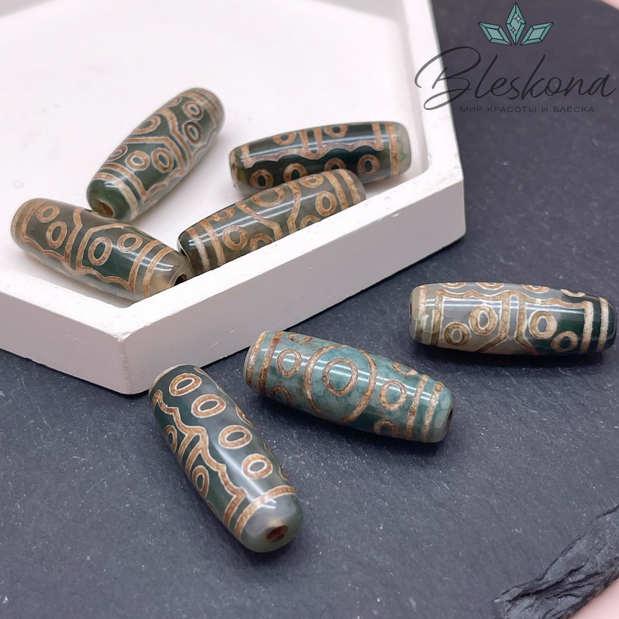 Бусина Дзи 15 глаз зелено-коричневый бочонок 30*11 мм