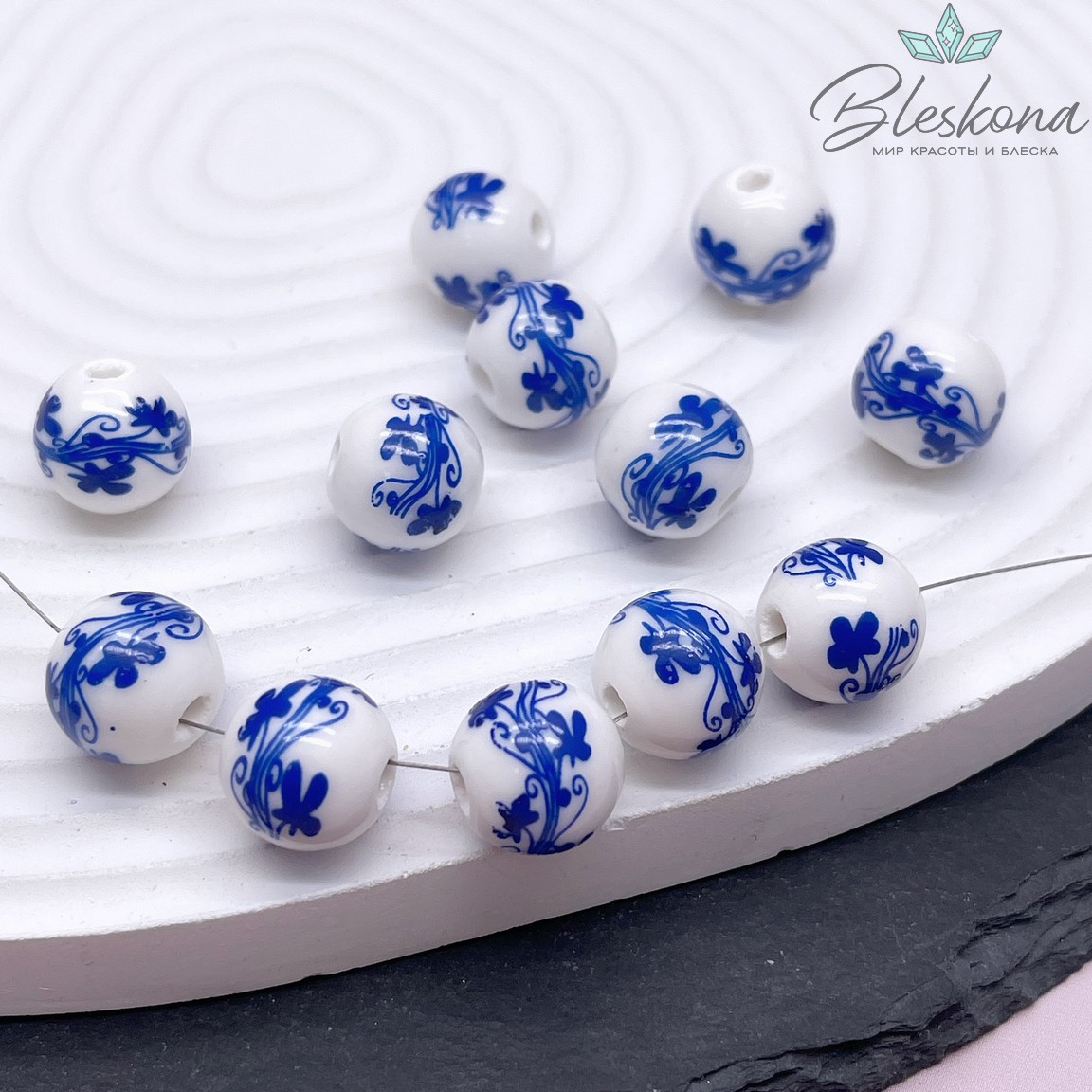12,5 мм Керамика Бусина роспись гжель №1 (штучно)