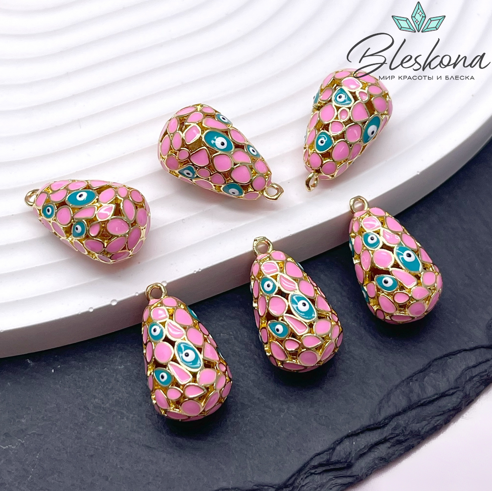 21,5*12 мм Цвет золото, Подвеска Капля глаза розовая эмаль