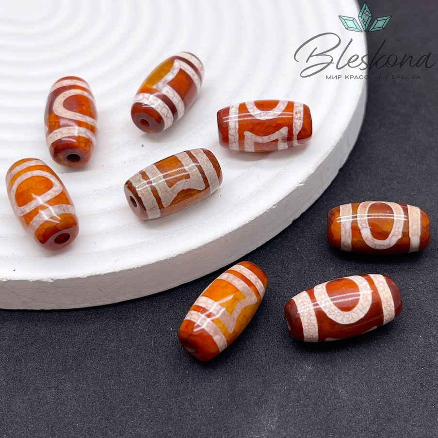 Бусина Дзи Небо, Земля бело-коричневый бочонок  20*11 мм