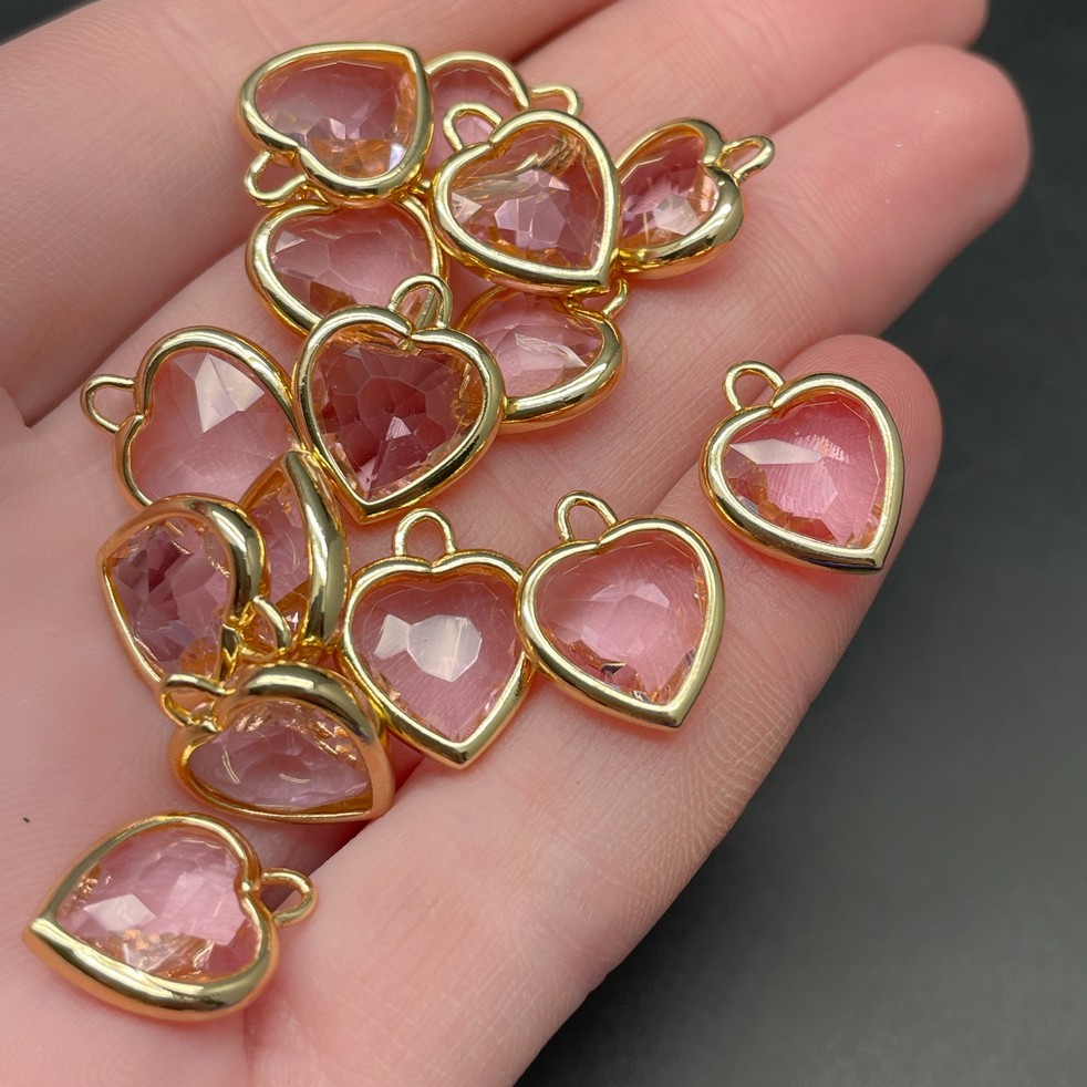 12 мм, Цвет золото, Подвеска сердце стекло розовое