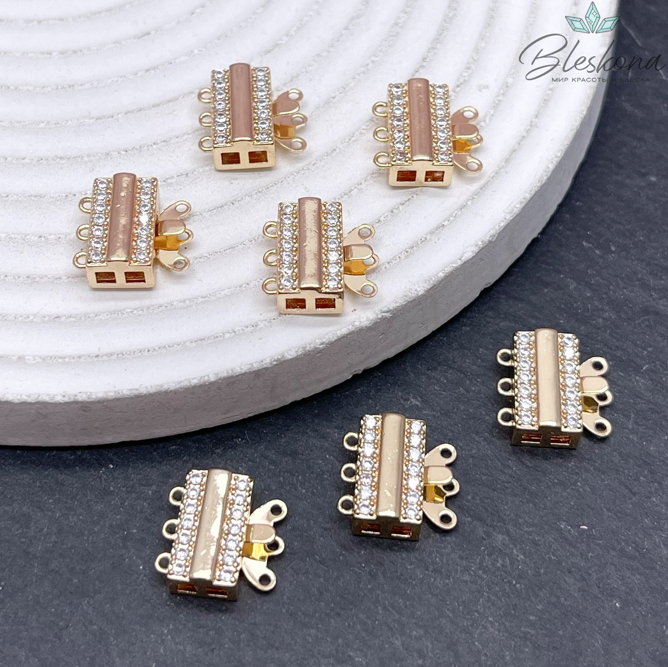 12,5*12мм Цвет золото, Замок защелка прямоуг-к цирконы
