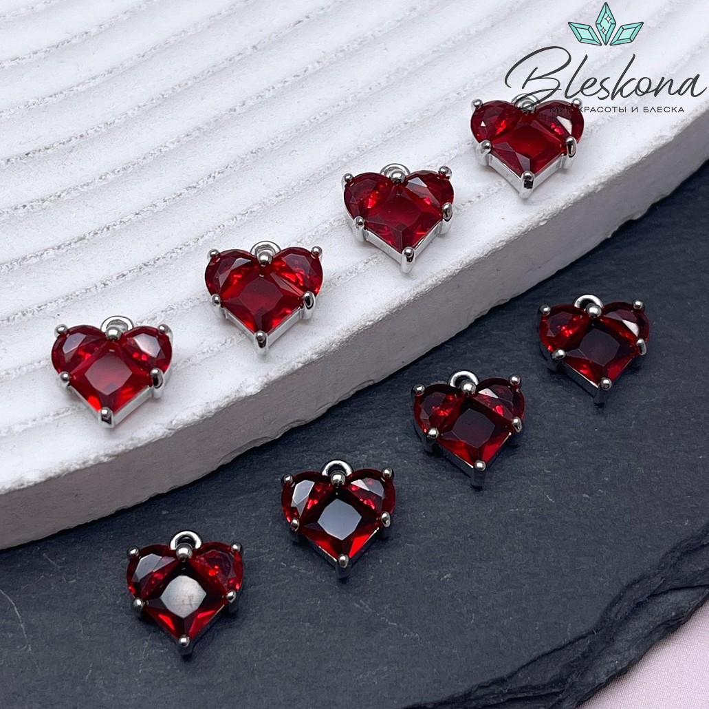 10*9,5 мм Цвет серебро, Подвеска Сердце красные цирконы