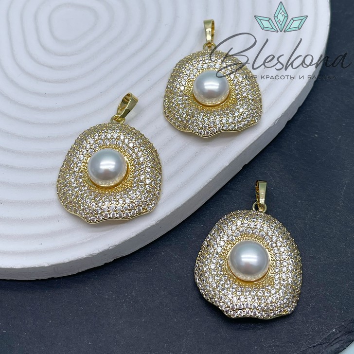 37-31 мм Цвет золото, Подвеска Ракушка с жемчугом Майорка №2