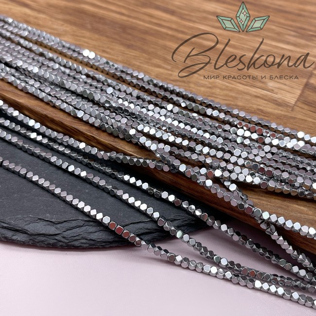 2 мм Гематин имитация, цвет темное серебро, куб огранка