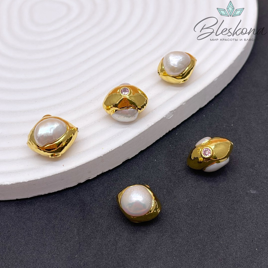 16*13 мм Цвет золото, Бусина  Жемчуг зауженный овал инкрустированный розовым стеклом