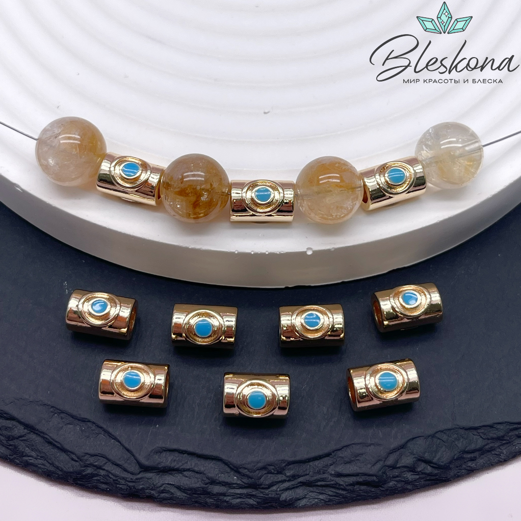 9,6*6,7 мм Цвет золото, Бусина цилиндр голубая эмаль