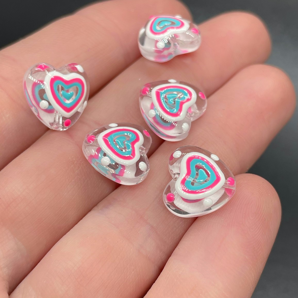 12 мм, Стекло бусина сердце розово-бирюзовое уп.5 шт