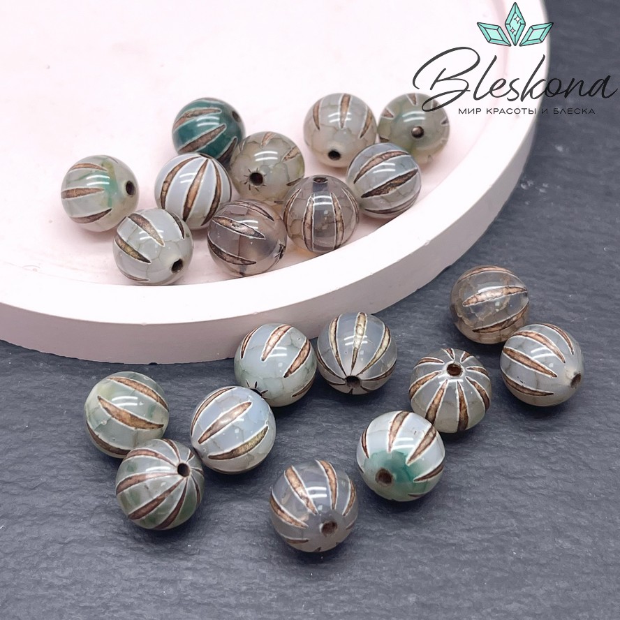 Бусина Дзи полосы зелено-коричневый шар 10 мм уп.10 шт.