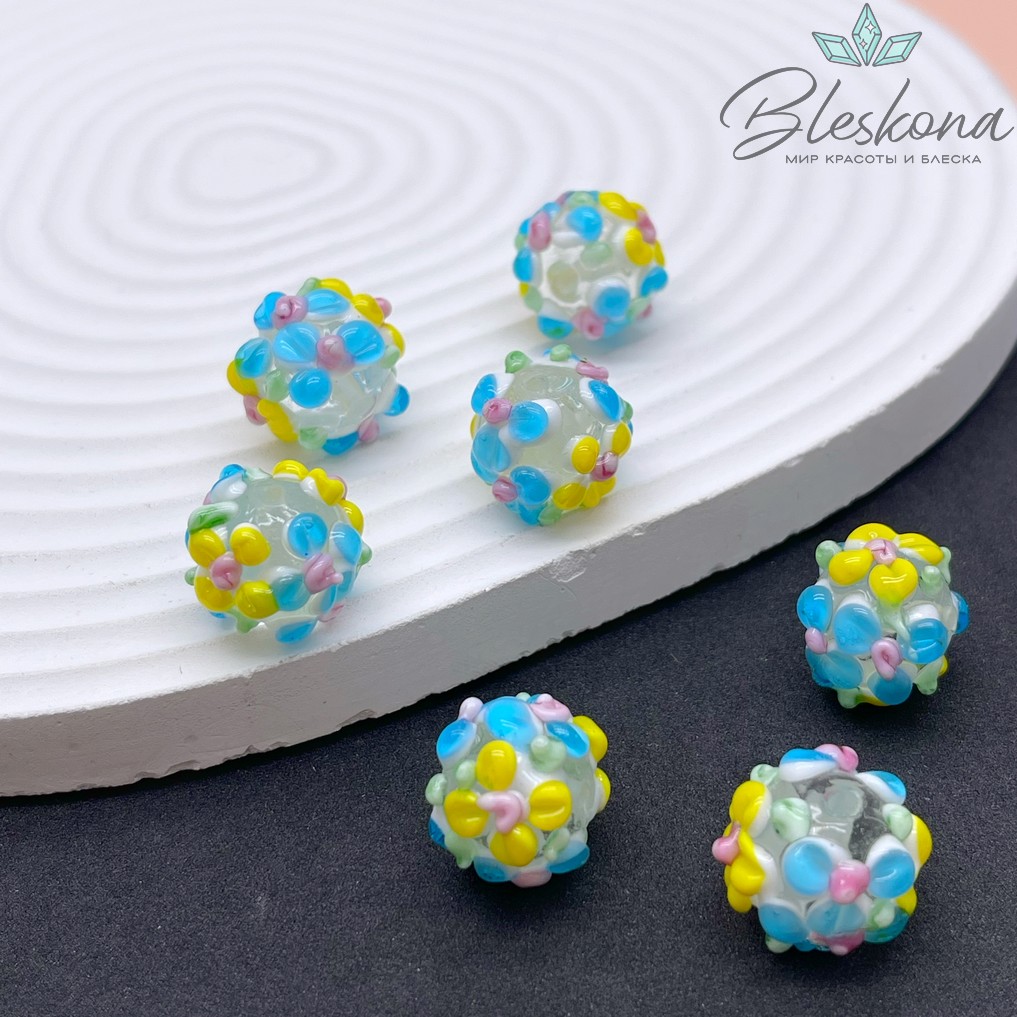 14 мм  Бусина шар цветок голубой