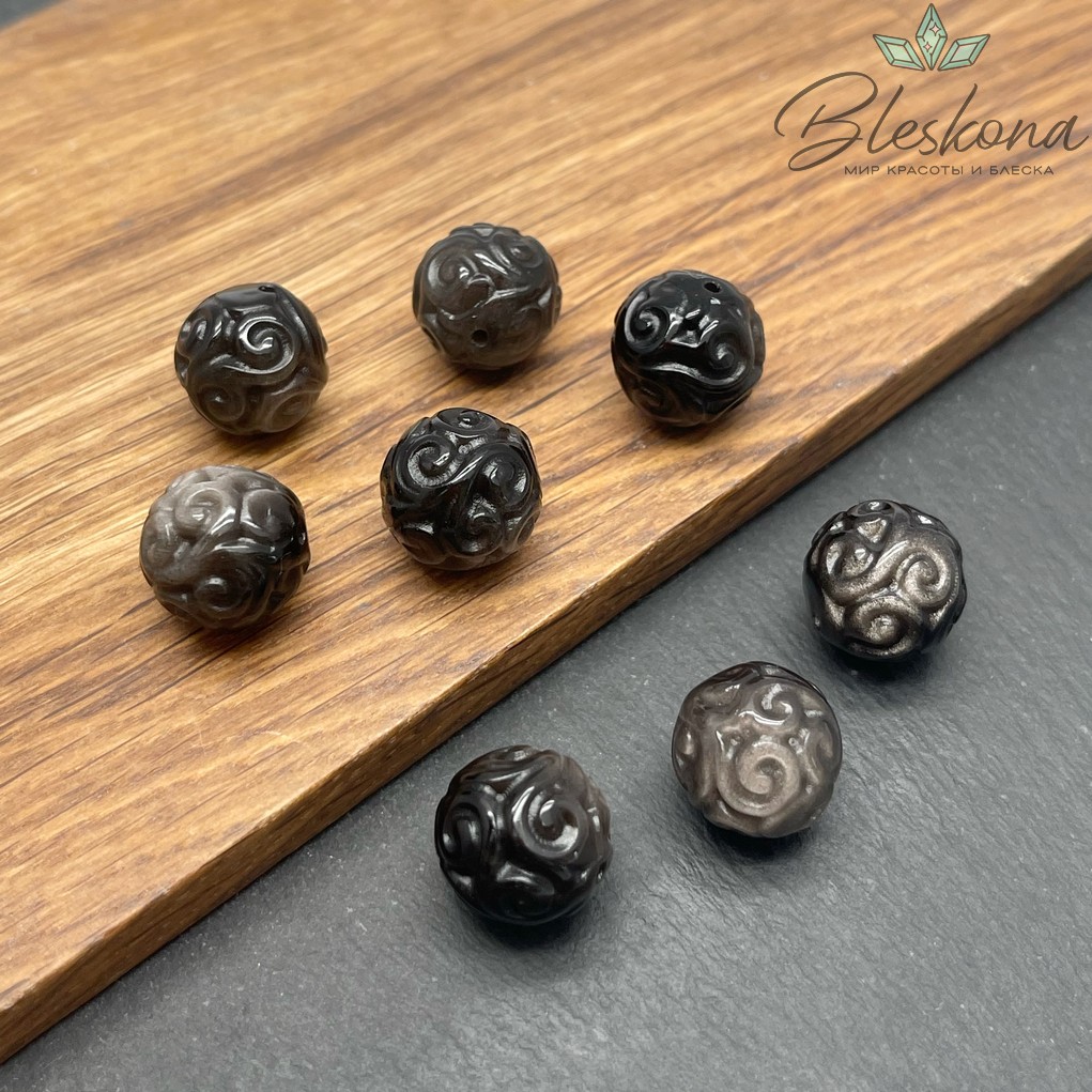 Резная бусина Узор Обсидиан серебристый шар 14,5 мм